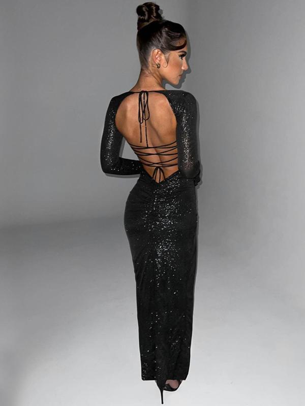 Women's Glitter Ruched Backless Split Thigh Bodycon Dress, Elegant Sweetheart Neck Drop Shoulder Long Sleeve Evening Party Gown, Women's Clothing for Spring & Fall